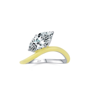 S925 silver marquise cut diamond ring with yellow wave coating on a white background