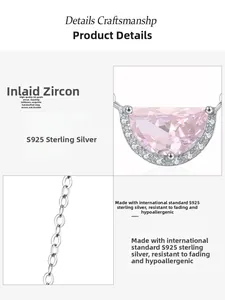 Detail of pink half-moon pendant with S925 sterling silver chain and 5A cubic zirconia