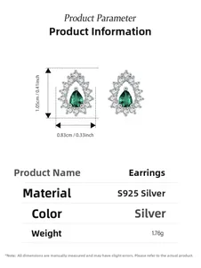 Detail of 925 silver pear shape green zircon earrings with dimensions and weight data