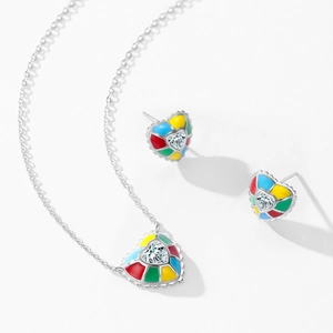 Parure de bijoux cœur coloré avec collier et clous en argent 925 et zircon