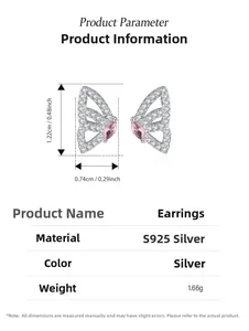 S925 sterling silver butterfly earrings with pink zircon detail and size dimensions