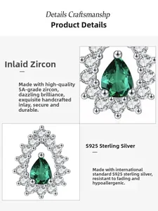 Macro detail of S925 silver pear cut emerald green stud with micro paved zircon stones