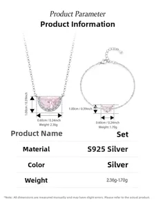 Detailed specs of S925 silver necklace and bracelet set with pink crescent zircon stones