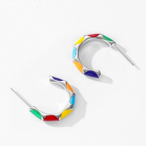 925 Sterling silver C-shaped hoop earrings with colorful rainbow enamel inlay for women