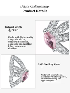 Detailed close-up of S925 sterling silver butterfly earrings with pink cubic zirconia
