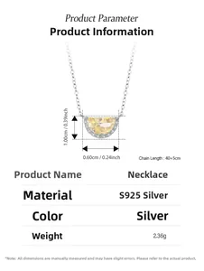 Macro detail of S925 silver necklace with 10x6mm yellow crescent pendant and size info