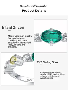 Macro shot of S925 sterling silver stamp and emerald-cut zirconia on the ring band