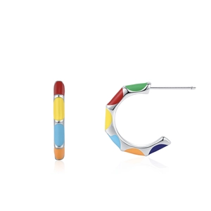 925 sterling silver C-shaped earrings with colorful rainbow enamel inlay for women
