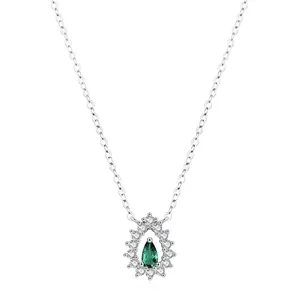Collier Pendentif Goutte d'Eau en Argent Sterling 925 Zirconia Vert Émeraude Luxe Design Ajouré Halo Chaîne pour Femme Bijoux