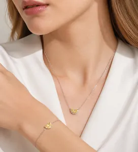Model wearing S925 silver jewelry set with crescent yellow stones and white zircons