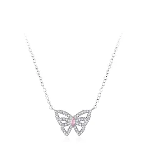 925 Sterlingsilber Schmetterling Anhänger Halskette Für Damen Rosa Zirkonia Eingelegt Mori Stil Schlüsselbeinkette Schmuck Geschenk