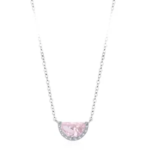 925 Sterling Silver Pink Half Moon Pendant Necklace For Women Elegant Fashion Zirconia Inlaid Sweet D-shaped Jewelry