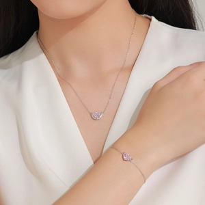 Set di gioielli in argento S925 con collana e bracciale a mezzaluna rosa per donna