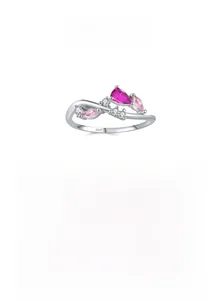 Macro shot of S925 sterling silver ring featuring pink stones and floral vine details