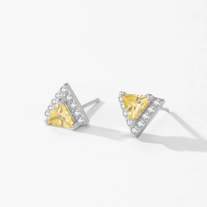 925 silver geometric triangle stud earrings with bright yellow crystal and zircons