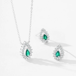 Parure luxueuse en argent 925 avec pendentif poire en zircon émeraude et boucles d'oreilles
