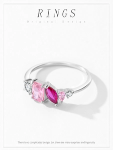 Detailed close-up of 925 sterling silver ring featuring multi-shaped pink zircon stones