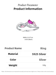 Detail showing S925 silver vine ring dimensions with pink zircon stones and waterdrop gems