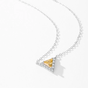 S925 sterling silver necklace with a triangular yellow zircon pendant and white accents