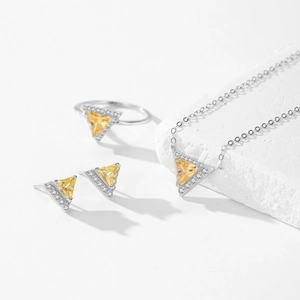 S925 silver jewelry set with triangle yellow crystal necklace ring and stud earrings