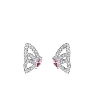 925 Sterling Silver Butterfly Wing Stud Earrings Pink Marquise Zirconia Inlaid Minimalist Jewelry For Women Party Gift