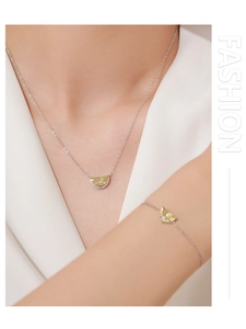 Close-up of S925 silver necklace and bracelet set with crescent yellow zircon crystals