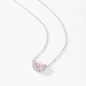 Elegant S925 sterling silver necklace with pink half-moon gemstone and zircons