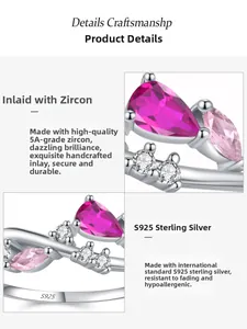 Macro detail of S925 sterling silver band with pink zircon and claw setting