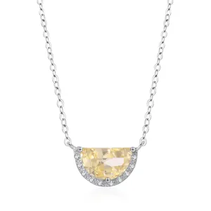 925 Sterling Silver Half Moon Pendant Necklace For Women Yellow Zirconia Geometric Light Luxury Semicircle Jewelry Necklace