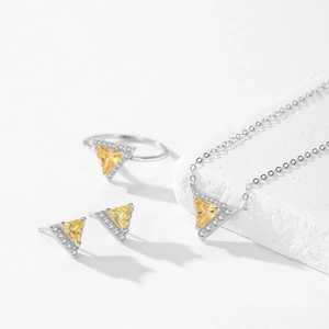 925 silver jewelry set with triangle yellow gemstones, including necklace, ring and earrings
