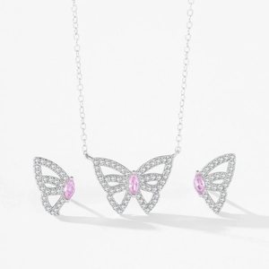 S925 Sterling Silber Schmetterling Anhänger Halskette und Ohrringe Set mit rosa Zirkon