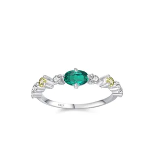 Vintage 925 Sterling Silver Ring With Oval Emerald Green Zirconia Elegant Geometric Finger Ring For Women High End Jewelry