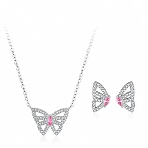 925 Sterling Zilver Vlinder Sieradenset Met Roze Zirconia Hanger Ketting Oorbellen Voor Dames Mode Sieraden Cadeau