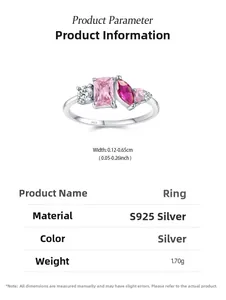 Detail view of 925 silver ring with pink geometric zircons and product specifications