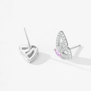 S925 sterling silver butterfly stud earrings with pink gemstone and zircon pave crystals
