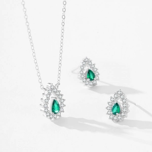 925 silver pear-cut green crystal jewelry set with water drop necklace and stud earrings