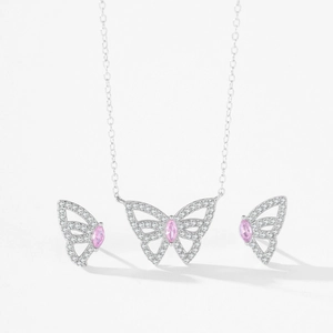 Elegant 925 sterling silver butterfly jewelry set with pink zirconia necklace and earrings