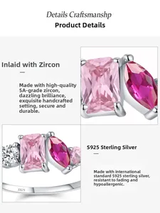 Close-up of S925 sterling silver ring with pink zircon and marquise cut stones
