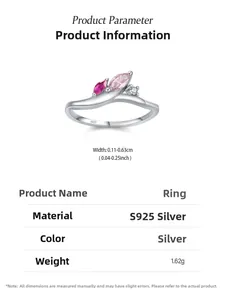 Macro detail of S925 silver ring featuring pink marquise stones and weight specs