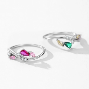 Elegant S925 silver vine rings featuring pear-cut pink and green cubic zirconia stones