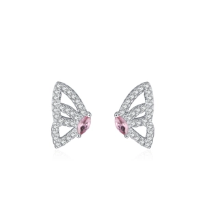 S925 sterling silver butterfly wing studs with sparkling white zircon and pink gems