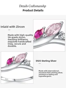 Detailed view of S925 sterling silver ring with pink marquise-cut zircon stones