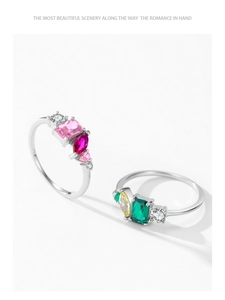 Detailed macro view of 925 silver rings with colorful geometric zircon stone setting