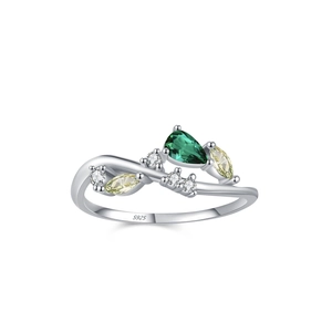 Elegant S925 sterling silver ring with pear-cut emerald and mixed color gemstones