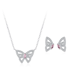 Elegante 925 zilveren vlinder sieradenset met roze stenen en fonkelende zirkoon