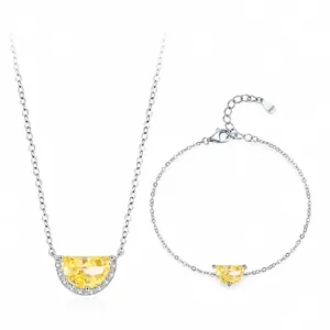 925 Sterling Silver Jewelry Set Women Half-moon Yellow Zirconia Pendant Necklace Matching Bracelet Luxury Fashion Jewelry