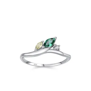 Bague Vintage en Argent Sterling 925 pour Femme Motif Branche de Feuille Forêt Zircone Marquise Vert Jaune Bijou Élégant