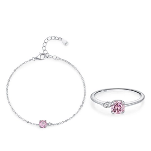 Schmuckset aus 925er Sterlingsilber mit rosa Zirkonia-Ring und feinem Gliederkettenarmband