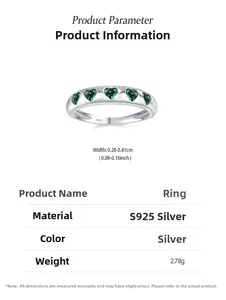 Detailed view of S925 sterling silver ring featuring green heart-shaped zircon stones