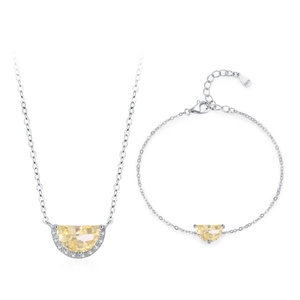 S925 sterling silver jewelry set featuring half-moon yellow zircon necklace and bracelet
